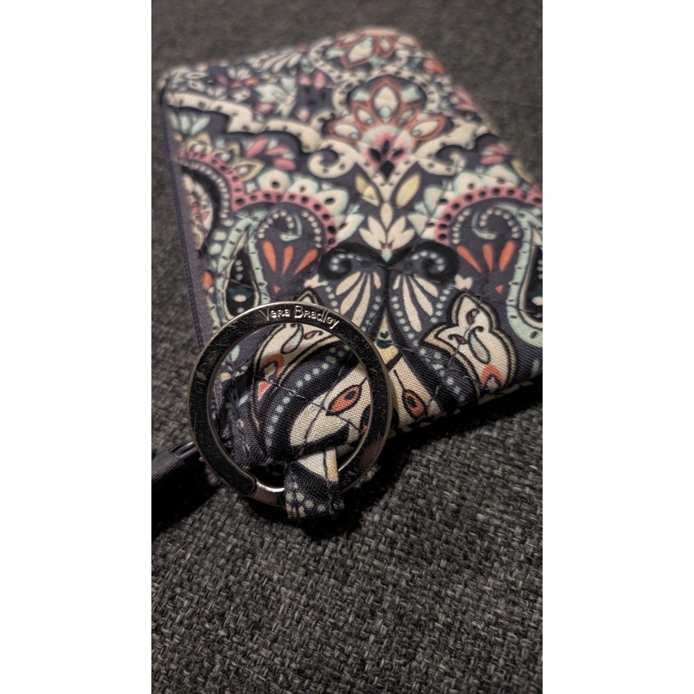 Vera Bradley Quilted Zip ID Case Wallet Key Ring Floral Paisley Grey Pink